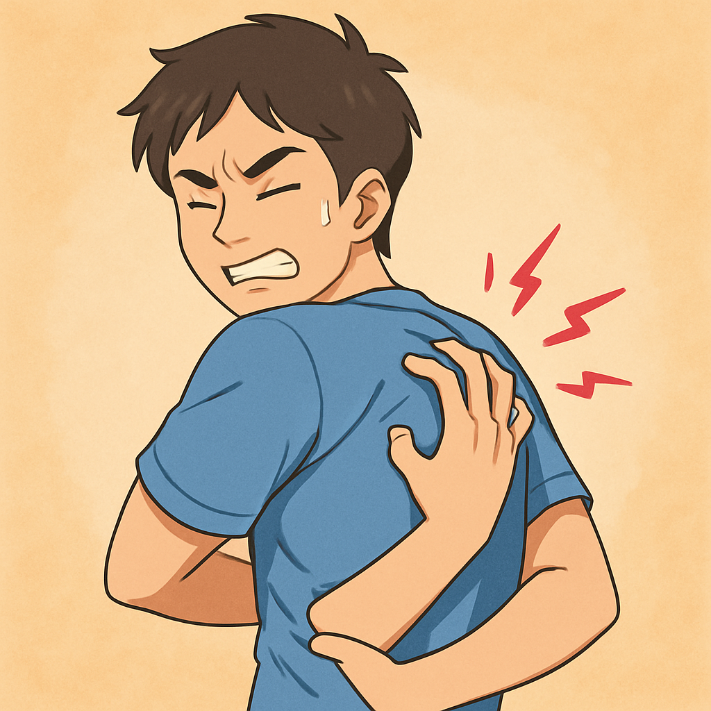 背中にできたニキビを気にしている男性のイラスト
