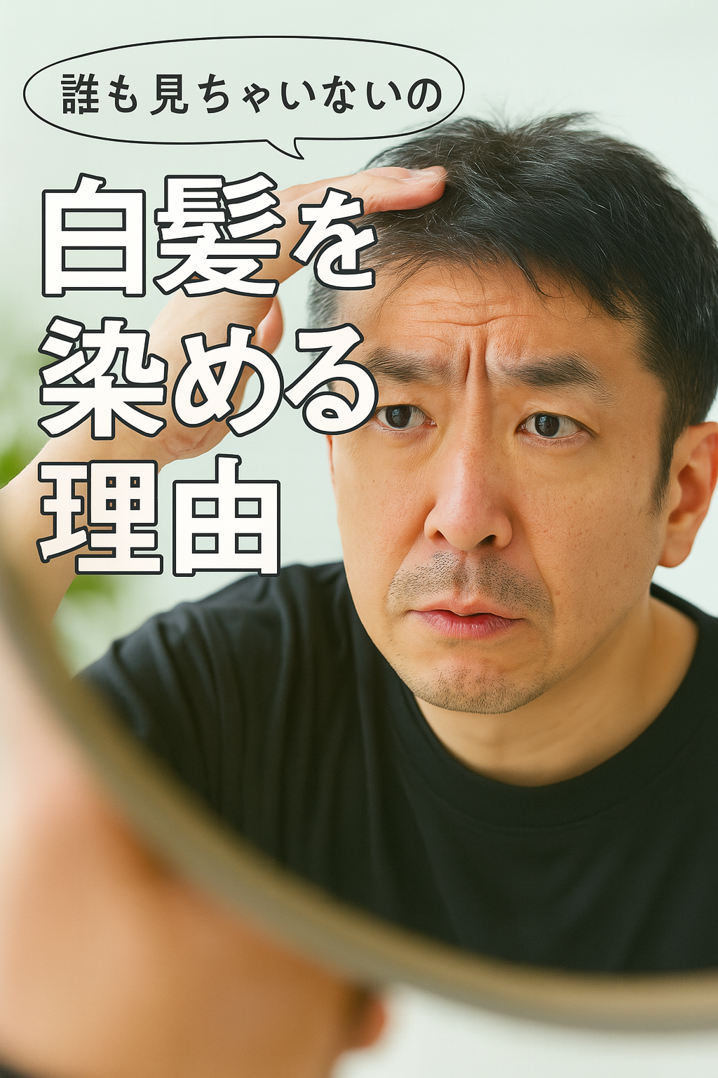 鏡をのぞき込みながら白髪を気にする男性の様子